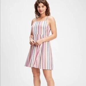 NWT Gap Linen Blend Fit & Flare Mini Cami Dress M Pink White Stripe Beach Summer
